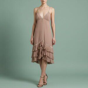 VTG 100% Silk Open Back Babydoll Dress Womens 38 (S) Mauve Tiered Ruffle Sexy